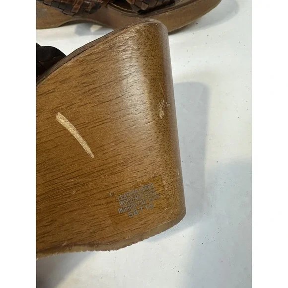 J. Crew Sandals Women 8 Brown Leather & Wood Strappy Wedge Made In Italy Ladies - Picture 8 of 12